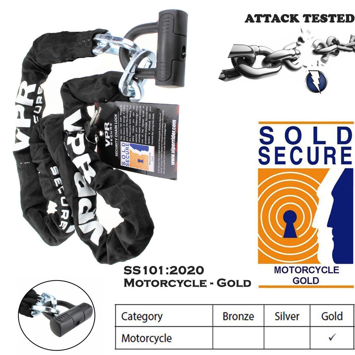 Riderwear | VPR Sold Secure Gold Chain & Lock - 1.8m