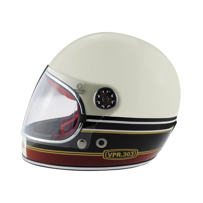 F656 Fiberglass Full Face Retro Helmet Stripes Cream/Burgundy Matt VPR.303