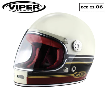 F656 Fiberglass Full Face Retro Helmet Stripes Cream/Burgundy Matt VPR.303