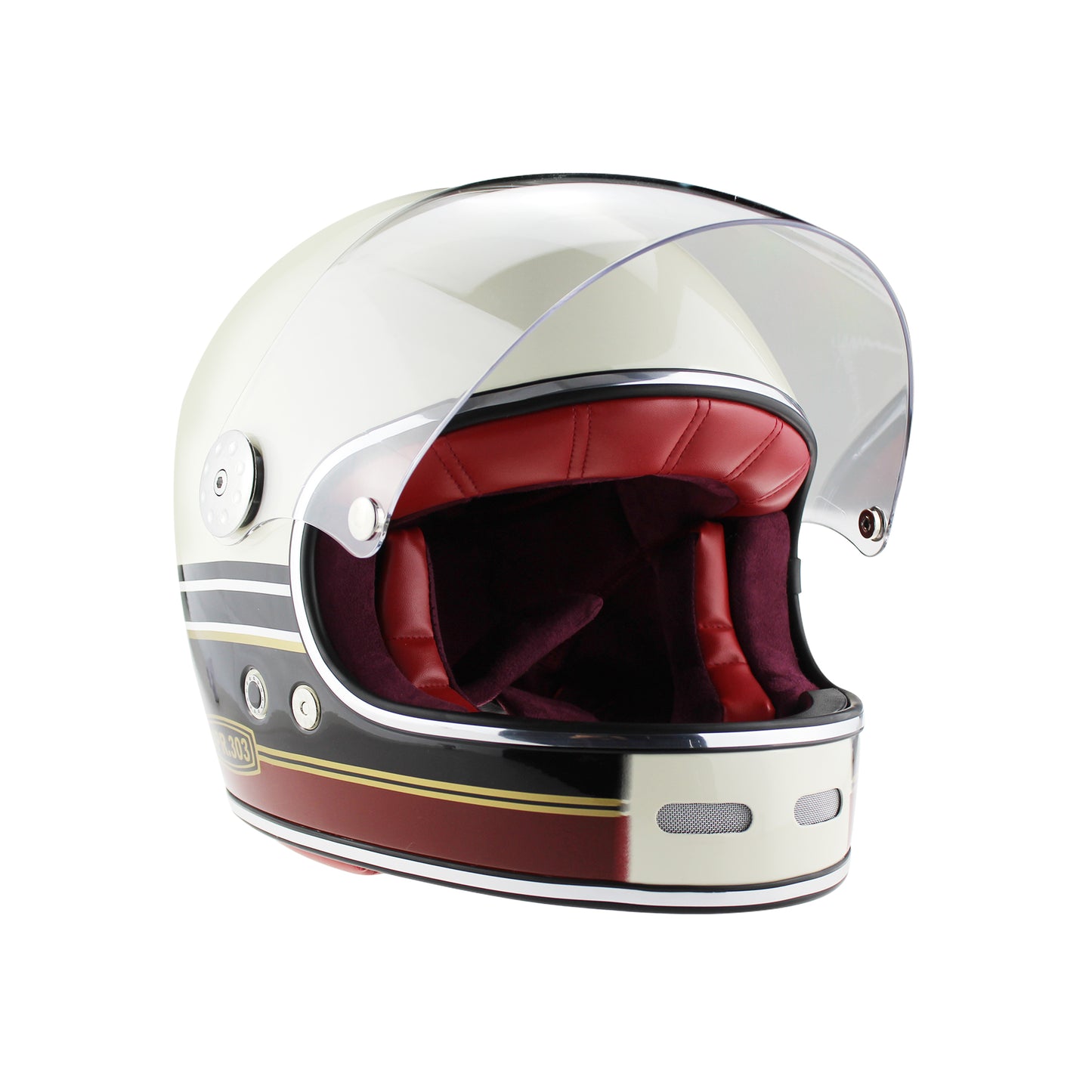 F656 Fiberglass Full Face Retro Helmet Stripes Cream/Burgundy Matt VPR.303