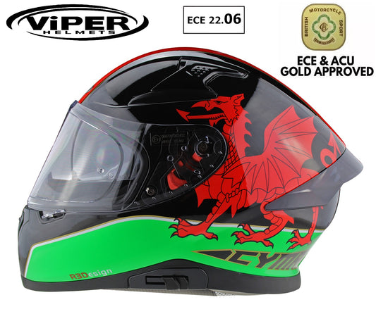 ViPER Rsv95 Full Face Wales Flag Helmet  With Free Pinlock Lens Included