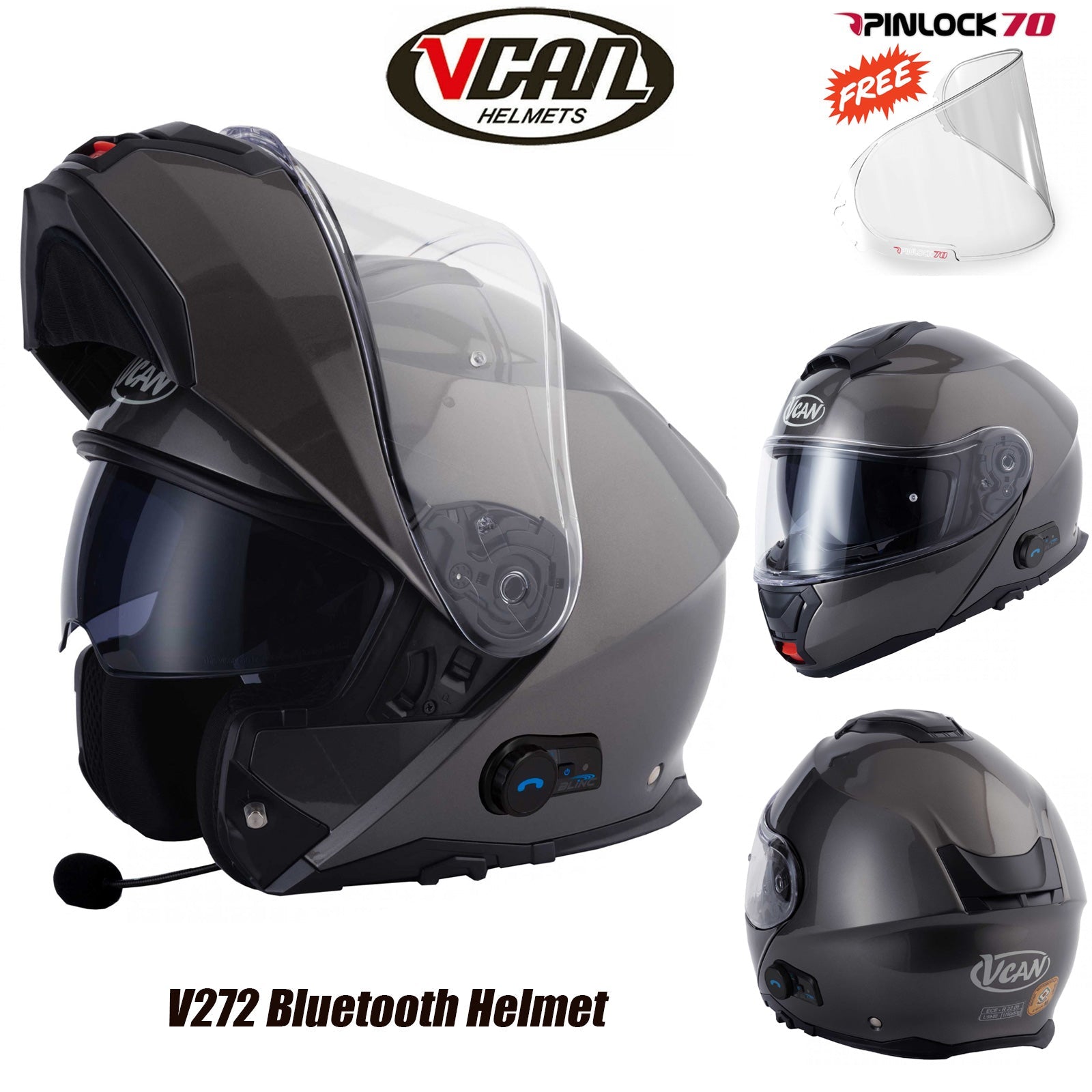 VCAN V272 Blinc Bluetooth Flip up Helmet Gloss Anthracite Riderwear